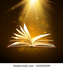 Open book with shining pages in brown colors. Fantasy book with magic light sparkles and stars. Vector illustration