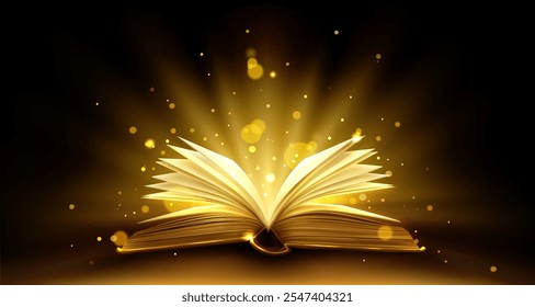 Open book with shining pages on black background. Vector realistic illustration of fairytale, magic spell, religious, science literature, glowing light inside, education and reading hobby symbol