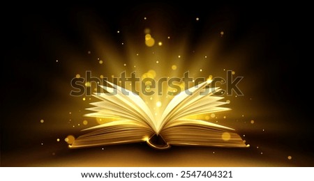 Open book with shining pages on black background. Vector realistic illustration of fairytale, magic spell, religious, science literature, glowing light inside, education and reading hobby symbol