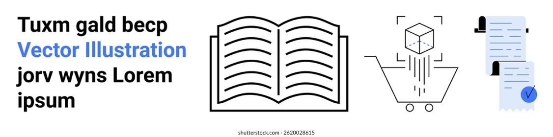 Open book, shopping cart with floating cube, documents with checkmark and notifications, text elements. Ideal for education, online shopping, technology, documentation, data management, information