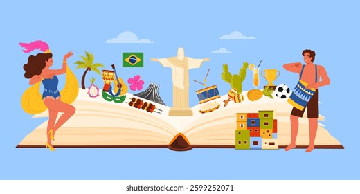 Open book showcasing Brazilian culture, featuring Carnival, Christ the Redeemer, and traditional elements. Highlights Brazil rich heritage and festive spirit, vector illustration.