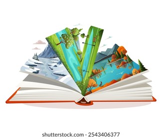 Open book showcasing seasonal landscapes and nature scenes. Vector illustration