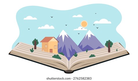 An open book showing a house, trees, mountains, and sky in a flat graphic style on a background, symbolizing imagination and storytelling. Hand-drawn vector illustration