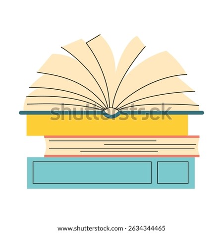 Open book with side view lying on a stack of books. pages in motion. Vector illustration in minimalistic style on white background.