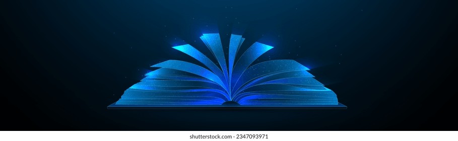 Open book side view with shining pages. Magic book. Low polygonal and wireframe from dots and lines. Vector illustration