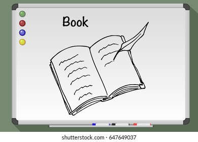 Open book. Book sign. Hand drawn vector stock illustration. Black and white whiteboard drawing.