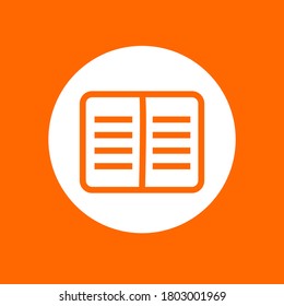 Open book sign. In white circle on a orange background.