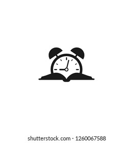 open book silhouette with alarm clock.  Isolated on white background. Flat reading icon. Vector illustration. Education, learning logo. Knowledge pictogram. Time to study.