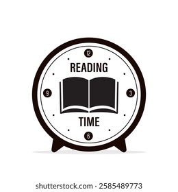 Open book silhouette in alarm clock. Black sign isolated on white background. Reading time, icon. Education, learning logo. Knowledge pictogram. Time management. monochrome flat vector illustration