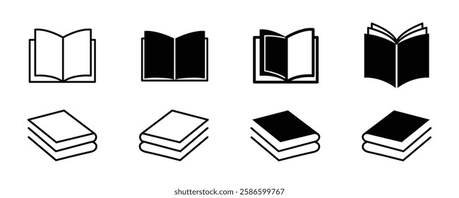 Open Book Silhouette. Black and White Open Book Icons.