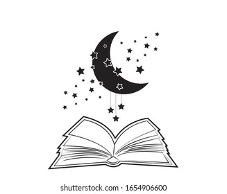 Open book silhouette and moon with stars illustration, vector. Artwork, wall art, wall decals isolated on white background. Black and white poster design
