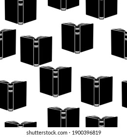 Open Book Silhouette Seamless Pattern, Spine Of Books On White Background Vector Illustration