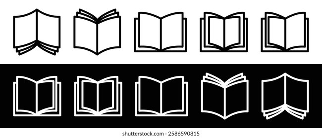 Open Book Silhouette. Simple Black and White Open Book Icons.