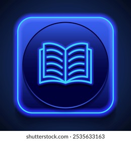 Open book simple icon vector. Flat design. Blue neon style on button. With shadow.ai