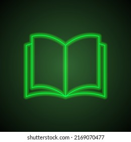 Open book simple icon vector.Flat design. Green neon on black background with green light.ai