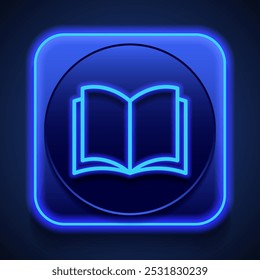 Open book simple icon vector.Flat design. Blue neon style on button. With shadow.ai