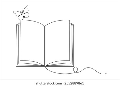Open book single line drawing of isolated outline flat vector icon
