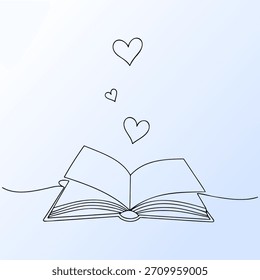 Dibujo de una sola línea de libro abierto con corazones flotando sobre las Páginas
