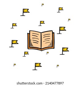 Open book with sketch flags vector icons set. Book pages hand drawn graphic illustration.