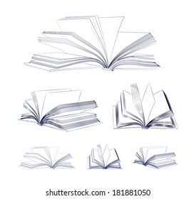 Open Book Sketch Set Isolated On White Background. Vector Illustration