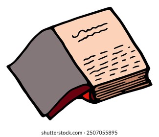 Boceto de libro abierto, Ilustración vectorial sobre fondo blanco. Dibujado a mano ilustración. Obra de arte de tinta creativa. Dibujo moderno y acogedor. Regreso al libro de la escuela. Colorido libro de texto para la educación y el estudio.