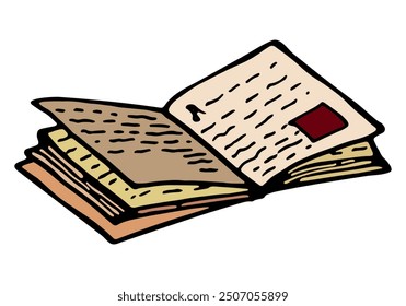 Open book sketch, vector illustration on white background. Hand drawn illustration. Creative ink artwork. Modern cozy drawing. Back to school book. Colorful textbook for education and studying.