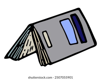 Boceto de libro abierto, Ilustración vectorial sobre fondo blanco. Dibujado a mano ilustración. Obra de arte de tinta creativa. Dibujo moderno y acogedor. Regreso al libro de la escuela. Colorido libro de texto para la educación y el estudio.