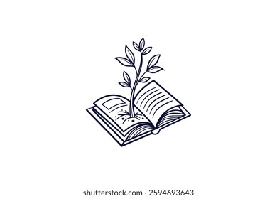 open book with a small plant growing out of it clip art illustration