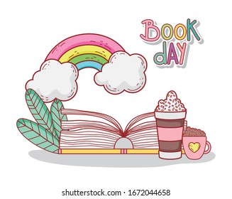 open book with smoothie chocolate cup rainbow vector illustration