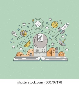 Open book with solar system elements - rocket, planets, stars, obseratory. Creative thinking concept. Colorful illustration of fantasy world and imagination made in limear vector style.
