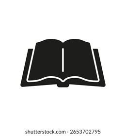 Open Book Solid Icon. Knowledge, Education, And Learning Silhouette Symbol. Literary Exploration And Information Access. Isolated Vector Illustration.
