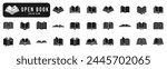 Open book solid icon set. Diary, open book, pages, bookmark, magazine etc.