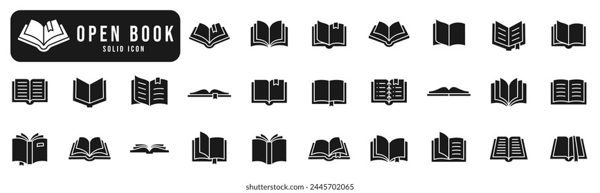 Open book solid icon set. Diary, open book, pages, bookmark, magazine etc.