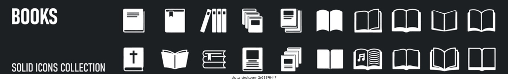 Open book solid icon set. Diary, open book, pages, bookmark, magazine etc.