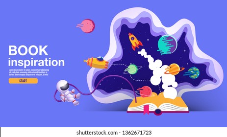 Open Book, Space Background, School, Reading And Learning , Imagination And Inspiration Picture. Fantasy And Creative ,Vector Flat Illustration.