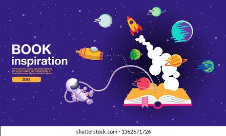 open book, space background, school, reading and learning , Imagination and inspiration picture. Fantasy and creative ,Vector flat illustration.