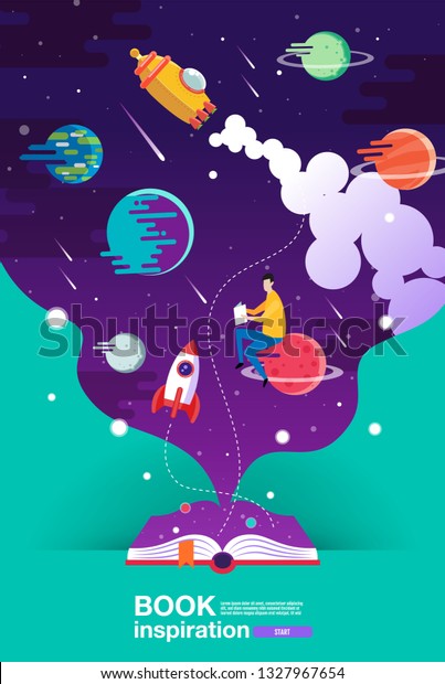 open book, space background, school,\
reading and learning , Imagination and inspiration picture. Fantasy\
and creative ,Galaxy ,Vector flat\
illustration.