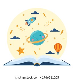 Open book and space elements. Planet, rocket, star, cloud, aerostat. Education concept for kids. Knowledge, creativity, discoveries. Design for educational motivational poster. Back to school Vector