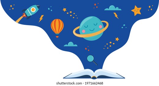 Open book and space elements. Planet, rocket, star, cloud, aerostat. Education concept for kids. Knowledge, creativity, discoveries. Design for educational motivational banner. Back to school Vector