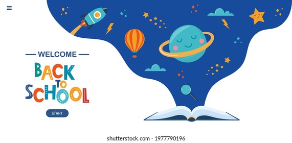 Open book and space elements. Planet, rocket, star, cloud, aerostat. Education concept for kids. Knowledge, creativity, discoveries. Design for educational motivational banner. Back to school Vector