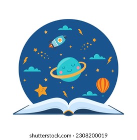 Open book and space elements. Planet, rocket, star, cloud, aerostat. Education concept for kids. Knowledge, creativity, discoveries. Design for educational motivational poster. Back to school Vector