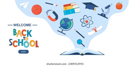 Open book and space elements. Planet, rocket, star, cloud, aerostat. Education concept for kids. Knowledge, creativity, discoveries. Design for educational motivational banner. Back to school Vector