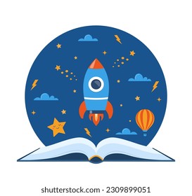 Open book and space elements. Planet, rocket, star, cloud, aerostat. Education concept for kids. Knowledge, creativity, discoveries. Design for educational motivational poster. Back to school Vector