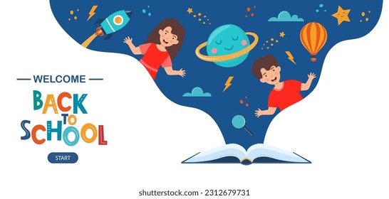 Open book and space elements. Planet, rocket, star, cloud, aerostat. Education concept for kids. Knowledge, creativity, discoveries. Design for educational motivational banner. Back to school Vector