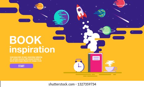 open book, space, galaxy, background, school, reading and learning, Imagination and inspiration picture. Fantasy and creative,Vector flat illustration.