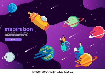 open book, space, galaxy  background, school, reading and learning , Imagination and inspiration picture. Fantasy and creative ,Vector flat illustration.