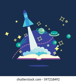 Open book with space shuttle, planets, stars, flying saucer illustration