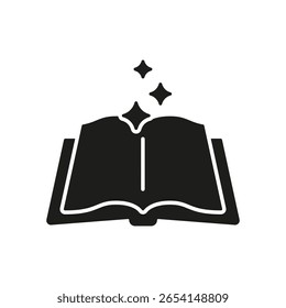 Open Book With Sparkles Solid Icon. Knowledge, Imagination, And Magic Of Reading Silhouette Symbol. Educational Inspiration And Creativity. Isolated Vector Illustration.