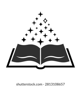 An open book with sparkling stars and magic flying out pages, evoking wonder and knowledge