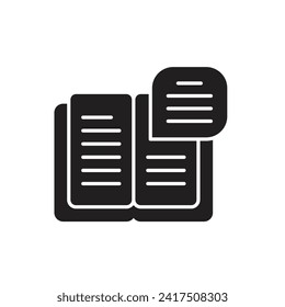Icono de libro abierto y burbuja de voz.  Símbolo de libro abierto, ilustración vectorial